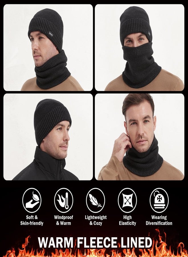 Wmcaps طقم قبعة شتوية مبطنة بالفرو ووشاح من Wmcaps للرجال والنساء، قبعة محبوكة سميكة ودافئة ومدفأة للرقبة، هدية (أسود) - Image 2